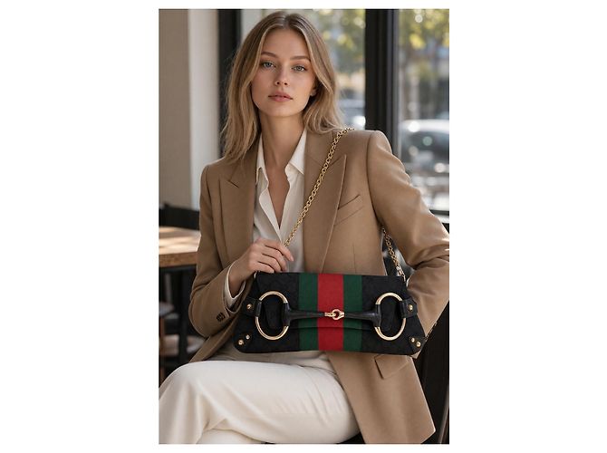 Clutch Gucci Tom Ford Horsebit GG Monogram Nero Rosso Verde - vista 2