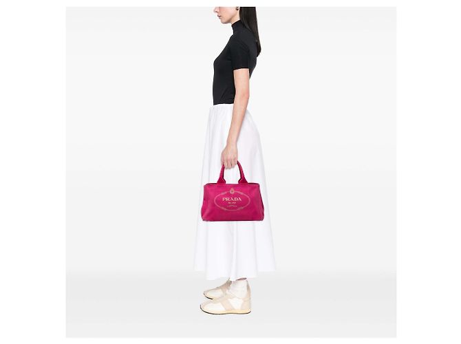 Borsa Tote Prada in tela Canapa con logo rosa - vista 6