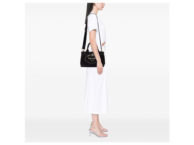 Borsa Tote Satchel Prada Small Canvas Canapa Logo Nera - vista 6