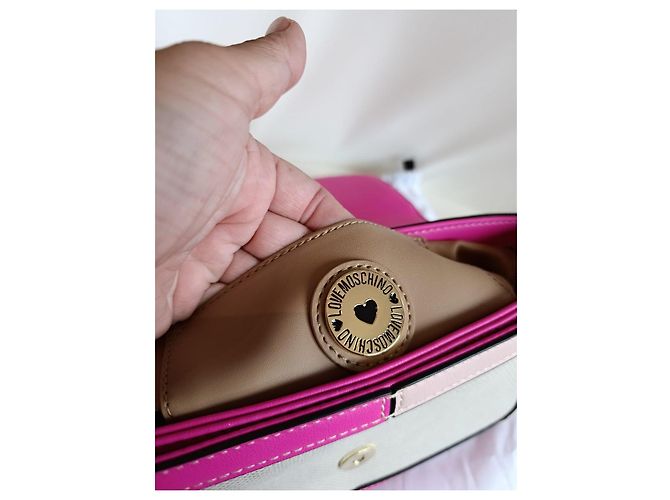 Borsa Love Moschino in tela e pelle rosa e beige - vista 11