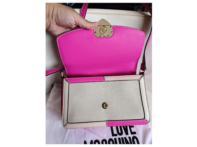 Borsa Love Moschino in tela e pelle rosa e beige - vista 12