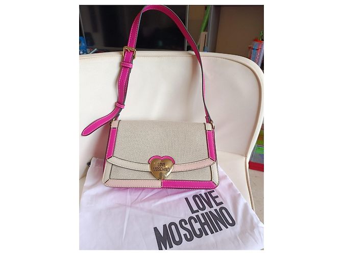Borsa Love Moschino in tela e pelle rosa e beige - vista 13