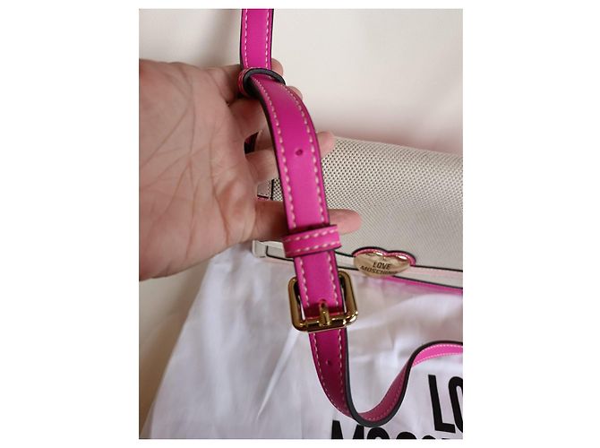 Borsa Love Moschino in tela e pelle rosa e beige - vista 15