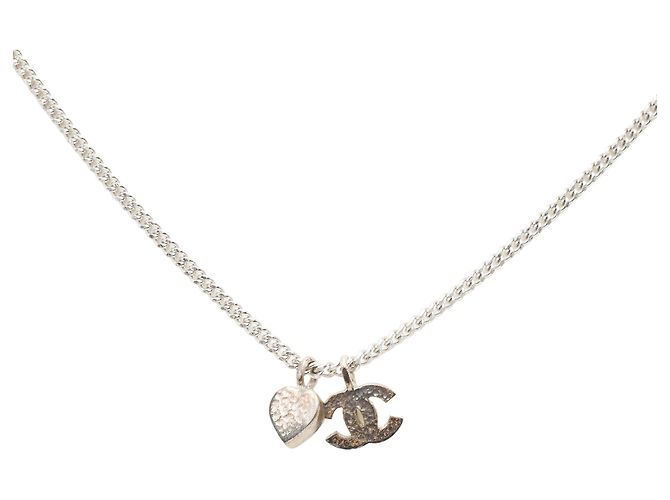 Collana con pendente a cuore in strass e ottone CC argentato Chanel - vista 3