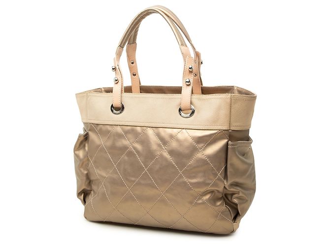 Saco Tote Chanel Paris Biarritz Large em lona revestida acolchoada Gold - vista 2