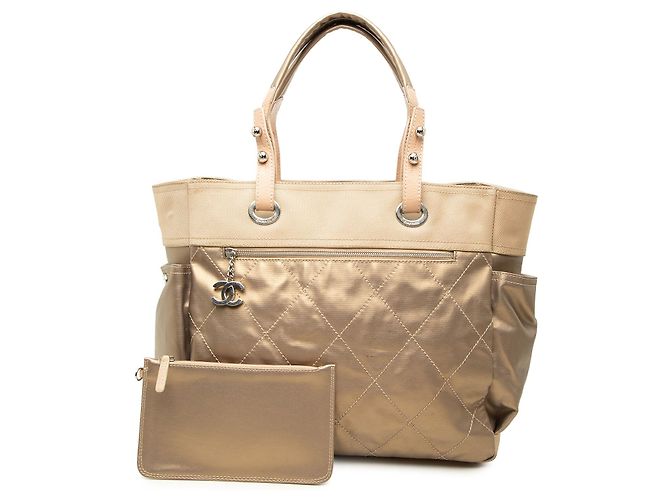 Saco Tote Chanel Paris Biarritz Large em lona revestida acolchoada Gold - vista 7