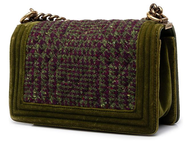 Chanel Boy Flap Old Medium in Tweed e Velluto Verde - vista 2