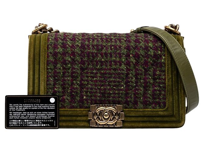 Chanel Boy Flap Old Medium in Tweed e Velluto Verde - vista 7