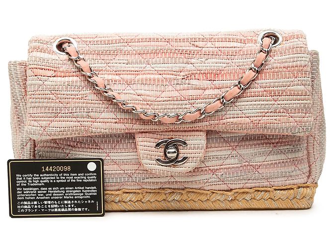 Chanel Espadrille Chain Flap em algodão acolchoado rosa e juta - vista 7