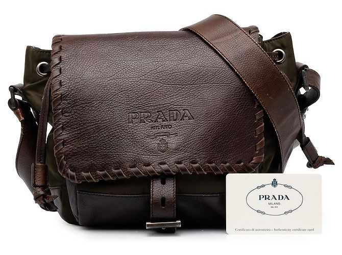 Borsa a tracolla Prada in Tessuto verde e pelle con cuciture Whipstitch - vista 9