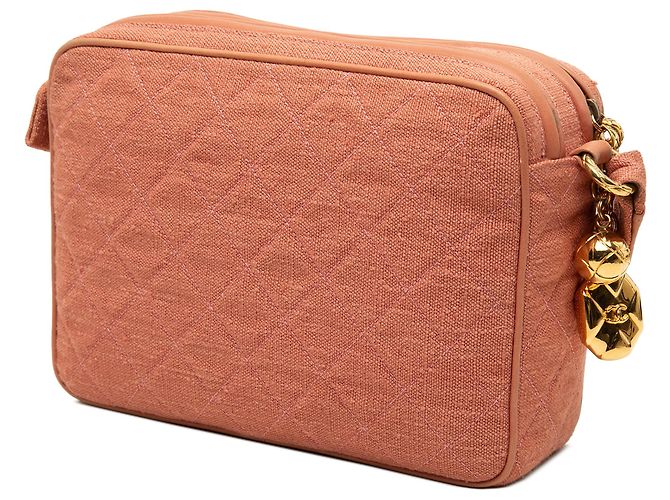 Borsa Camera Chanel in lino matelassé rosa CC con doppia zip - vista 2