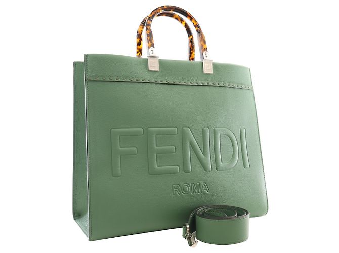 Fendi Borsa Shopper Sunshine Media in Pelle Verde - vista 10