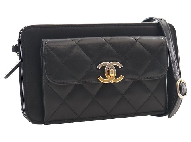 Clutch Chanel in pelle di agnello matelassé nera con tasca frontale e catena - vista 12