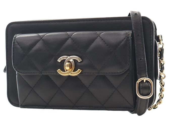 Clutch Chanel in pelle di agnello matelassé nera con tasca frontale e catena - vista 13