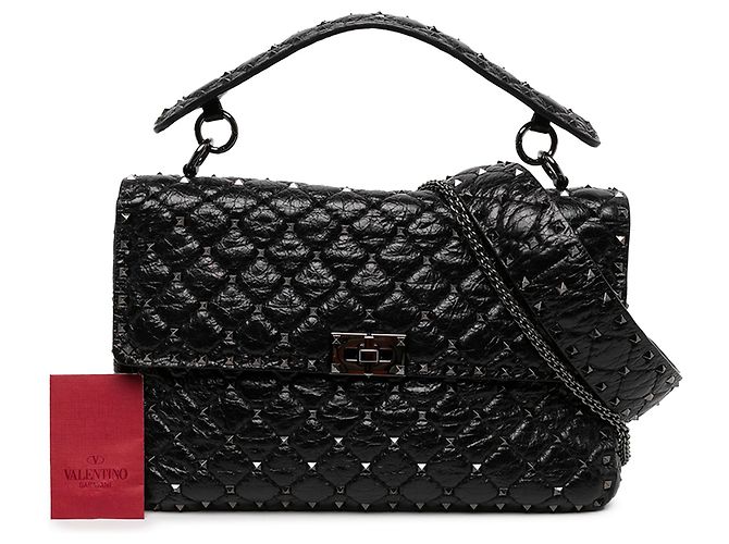 Borsa Satchel Valentino Rockstud Spike Large in Nappa Stropicciato Nero - vista 6