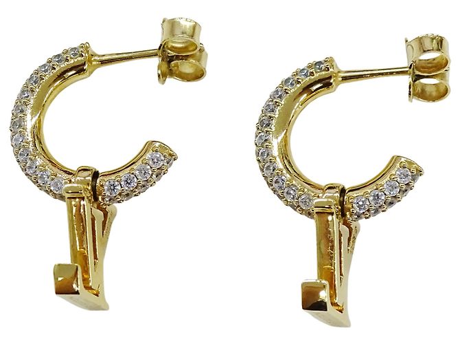 Orecchini a mezzo cerchio Louis Vuitton dorati con strass - vista 3