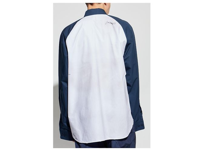 Camicia Balenciaga Logo Bianca e Blu Navy in Cotone - vista 2