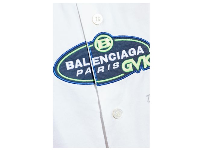 Camicia Balenciaga Logo Bianca e Blu Navy in Cotone - vista 3