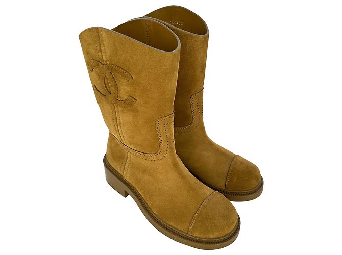 Chanel Interlocking CC Logo Mid-Calf Riding Boots in Camel Suede - view 4