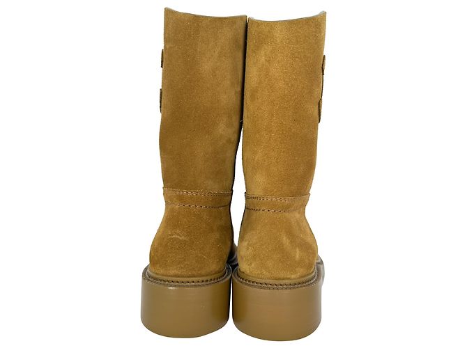 Chanel Interlocking CC Logo Mid-Calf Riding Boots in Camel Suede - view 5