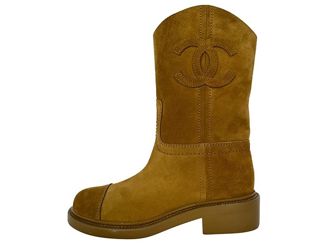 Chanel Interlocking CC Logo Mid-Calf Riding Boots in Camel Suede - view 6