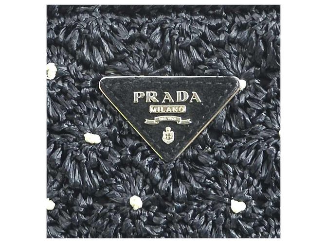 Borsa Prada in rafia nera e off-white - vista 11