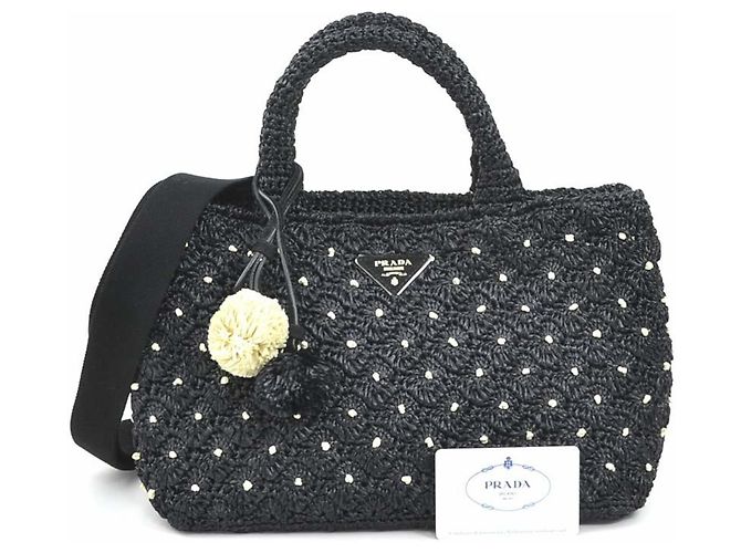 Borsa Prada in rafia nera e off-white - vista 14