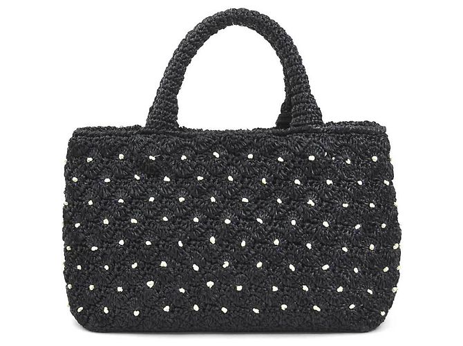 Borsa Prada in rafia nera e off-white - vista 3