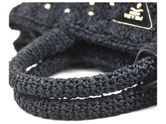 Borsa Prada in rafia nera e off-white - vista 8