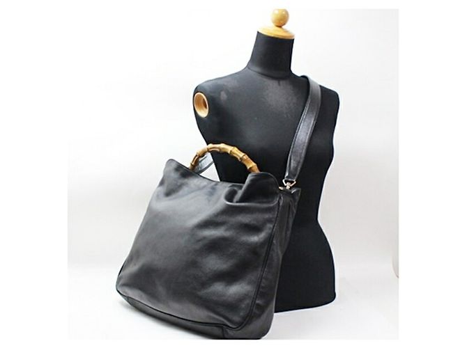 Borsa a tracolla Gucci Bamboo in pelle nera - vista 5