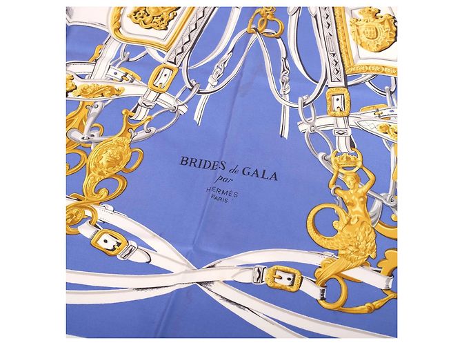Carré 90 in seta Hermès Brides de Gala Blue, White & Gold - vista 2