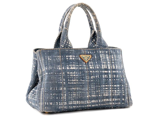 PRADA - Borsa Shopper Canapa GM Prada in denim blu e bianco - vista 2
