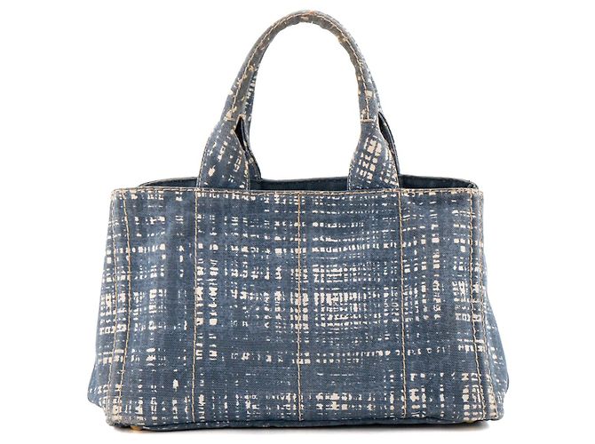 PRADA - Borsa Shopper Canapa GM Prada in denim blu e bianco - vista 3