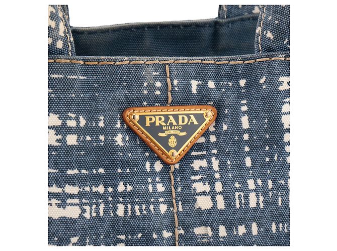PRADA - Borsa Shopper Canapa GM Prada in denim blu e bianco - vista 5