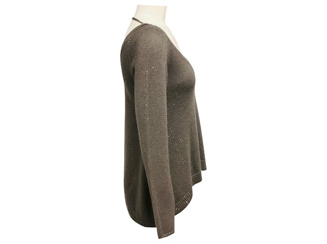 Brunello Cucinelli Taupe Langärmliger V-Ausschnitt-Pullover aus Cashmere- und Seidenstrick mit Pailletten - Ansicht 2