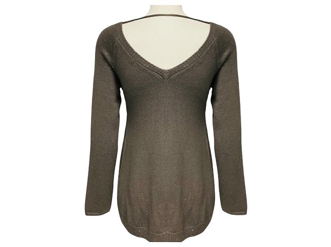 Brunello Cucinelli Taupe Langärmliger V-Ausschnitt-Pullover aus Cashmere- und Seidenstrick mit Pailletten - Ansicht 3