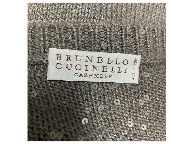 Brunello Cucinelli Taupe Langärmliger V-Ausschnitt-Pullover aus Cashmere- und Seidenstrick mit Pailletten - Ansicht 4