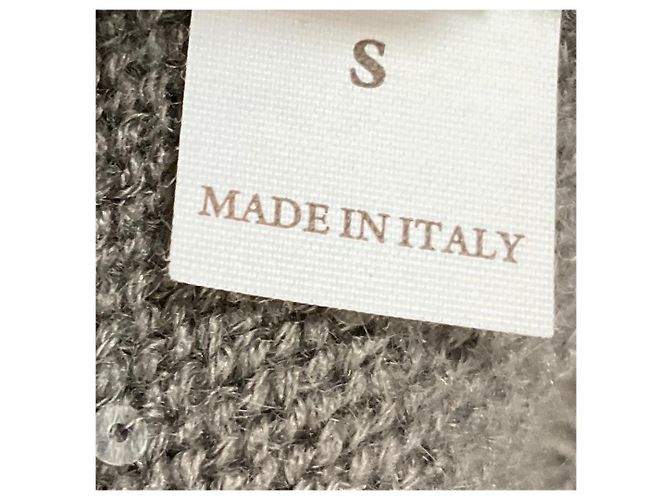 Brunello Cucinelli Taupe Langärmliger V-Ausschnitt-Pullover aus Cashmere- und Seidenstrick mit Pailletten - Ansicht 5