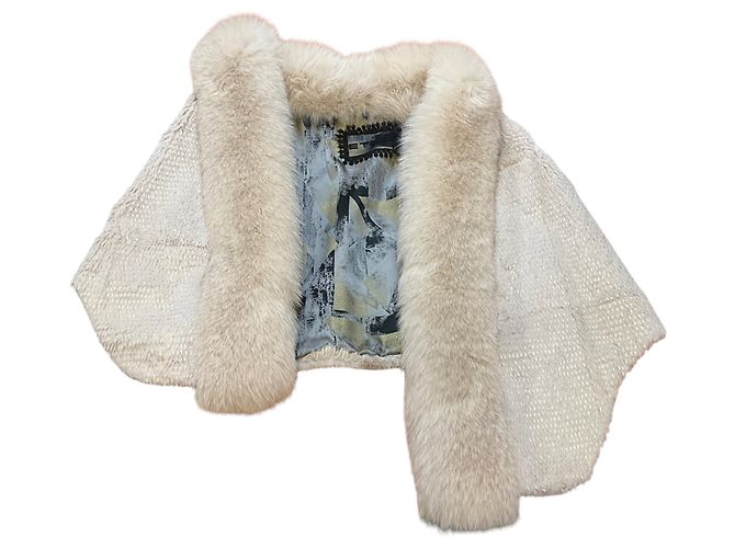 Etro Ivory Rabbit Fur Cape with Fox Fur Collar and Silk Lining - view 5
