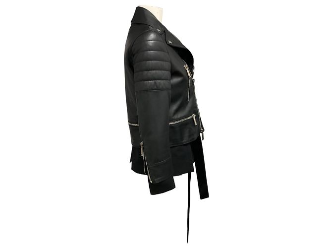 Dsquared2 Motojacke aus schwarzem Lammleder mit Stoffbesatz - Ansicht 2