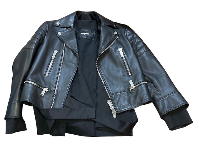 Dsquared2 Motojacke aus schwarzem Lammleder mit Stoffbesatz - Ansicht 5