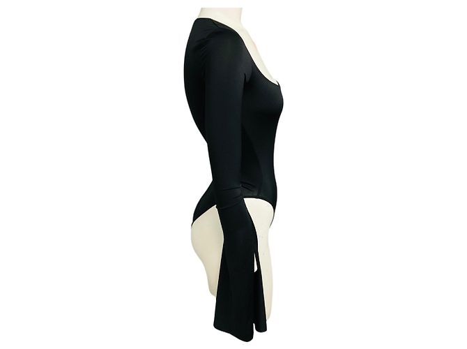 Autre Marque Mugler Body in jersey nero a maniche lunghe con scollo rotondo e split - vista 2
