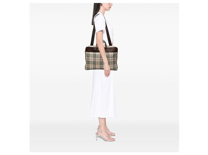 Borsa business Burberry House Check Canvas Beige - vista 6