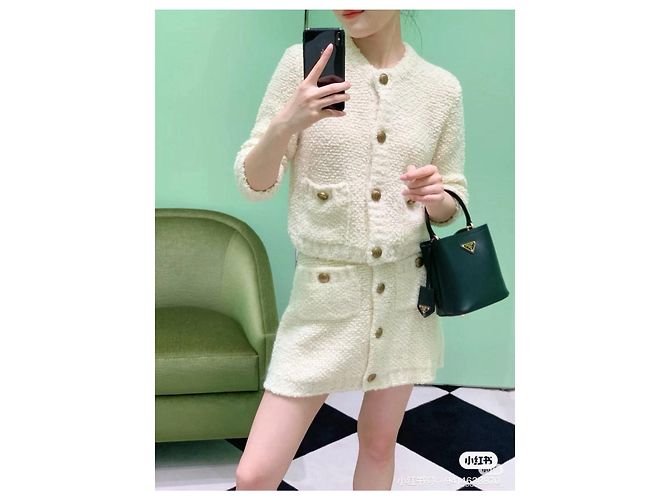 Falda Prada de tweed beige de talle alto - vista 9