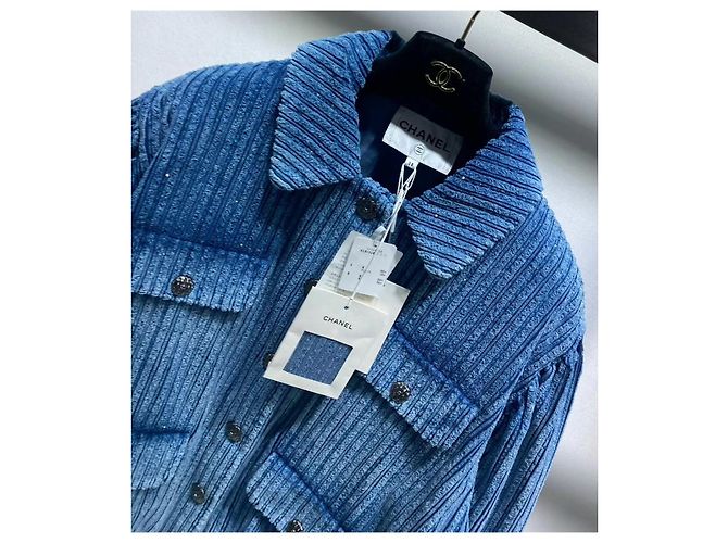 Giacca Chanel in velluto a coste blu a righe con paillettes - vista 2