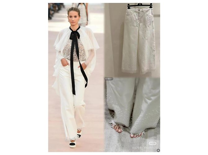 Vaqueros de Pierna Ancha Chanel Blancos de Denim con Perlas y Lentejuelas - vista 8