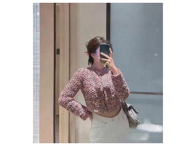 Chanel Tweed Cardigan Jacke mit rosa Perlen Größe 38 - Ansicht 8