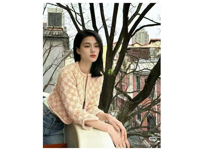 Set Abito e Giacca Chanel in Tweed Beige a Rombi - vista 5