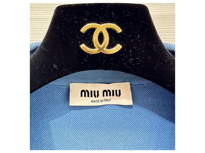Top Miu Miu Azul de Algodón con Letras Bordadas y Manga Larga - vista 2
