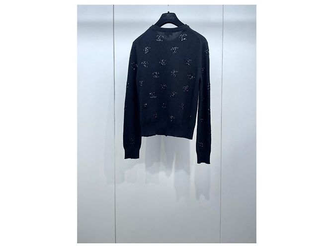Chanel Schwarzer Kaschmir Strick Blumenmuster Double C Pailletten - Ansicht 2